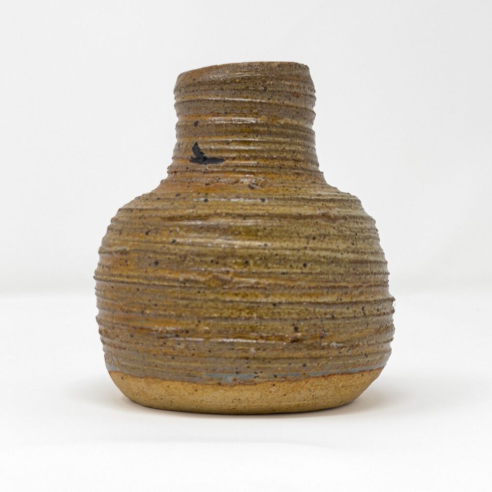 Vintage Studio Pottery Vase Earth Tone Neutral Ribbed Textured Rustic Decor